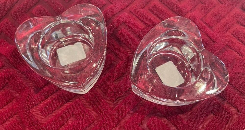 Crate & Barrel clear glass heart shaped tealight candle holders set of two